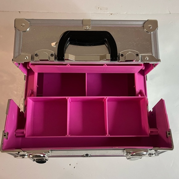 Pink & Silver Makeup Train Case with Multiple Compartments – Portable Organizer - Picture 15 of 16